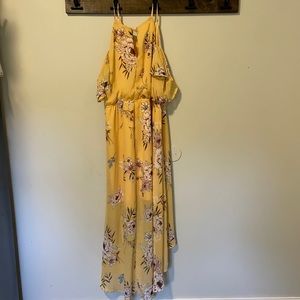 Yellow cold shoulder high-low flowy dress